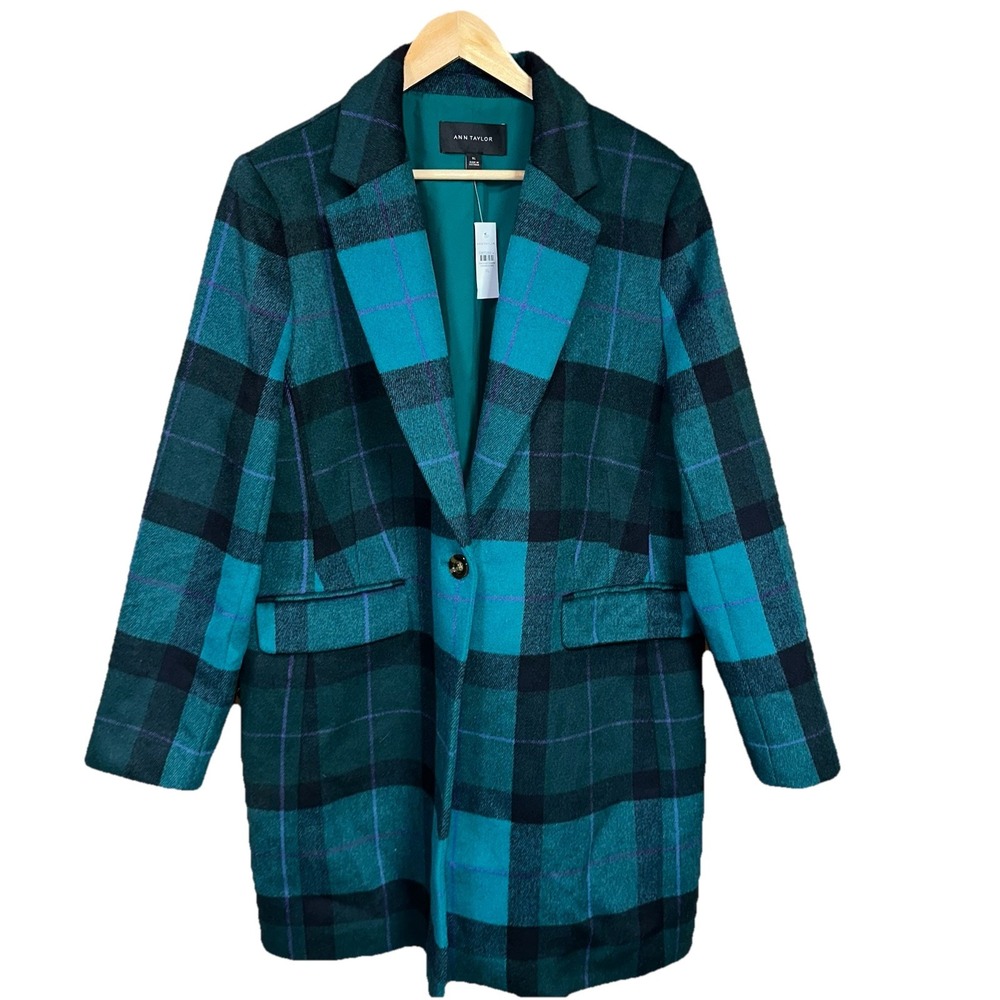 New Ann Taylor Green Tartan Plaid Wool Blend Chesterfield Coat‎ Women's XL $258
